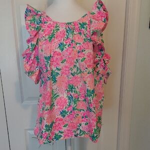 Lilly Pulitzer Pink and Green Floral Ruffle Blouse